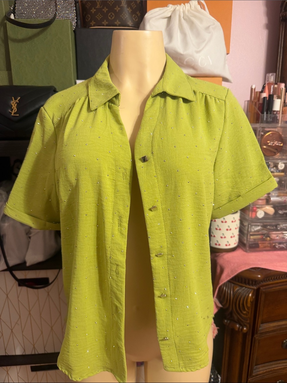 Adrienne Vittadini Lime Green Short Sleeve Button-Down Shirt
